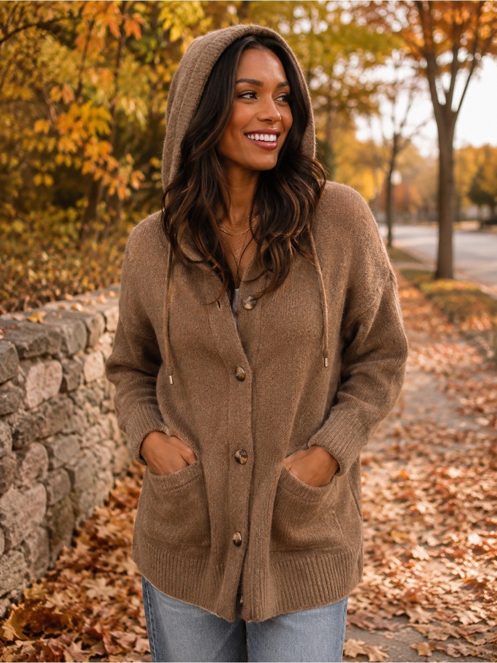 Merino Mink Brown Wool Blend Button Front Hooded Cardigan Sweater